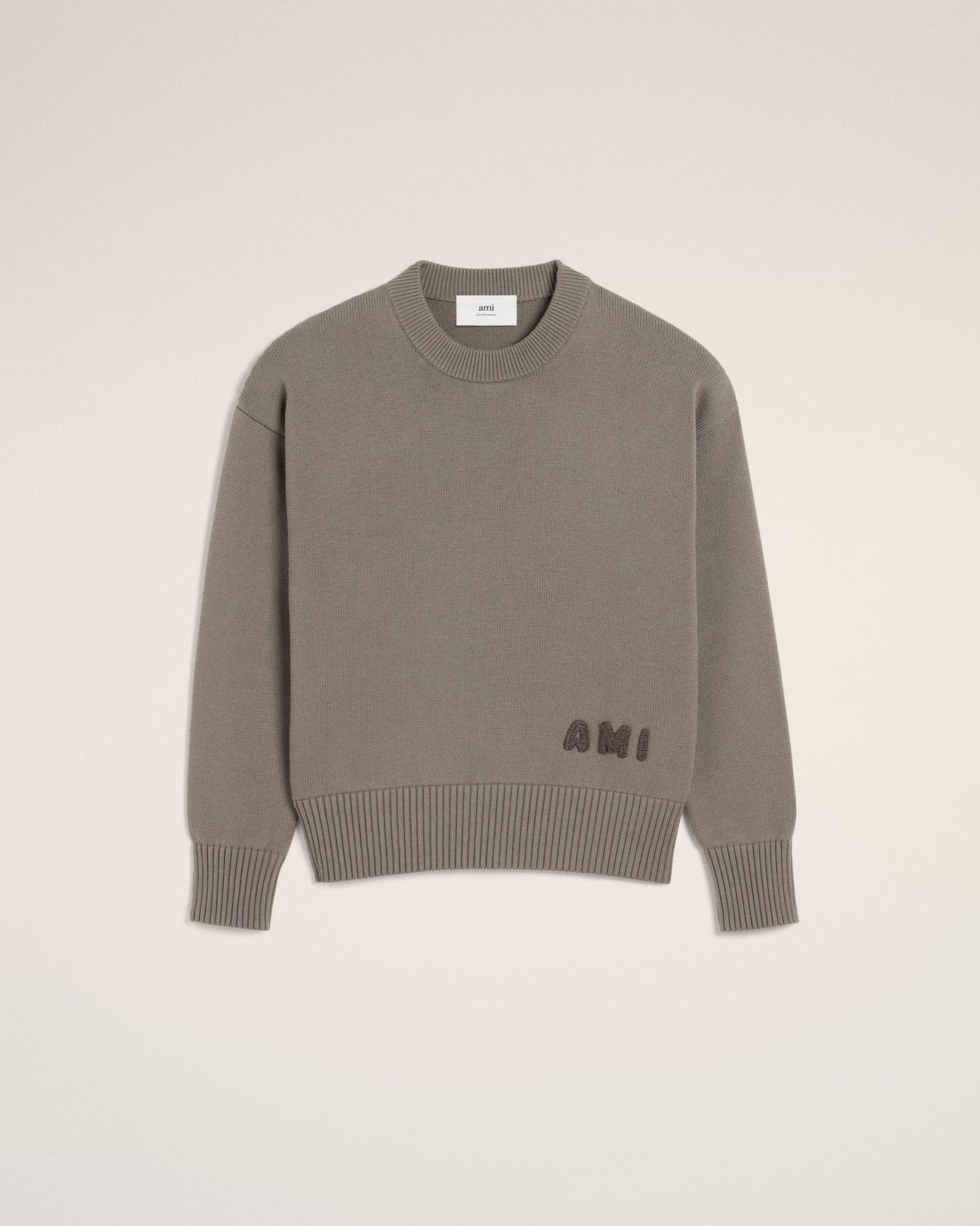 BEIGE COTTON AMI EMBROIDERED CREWNECK SWEATER - B30sneakers