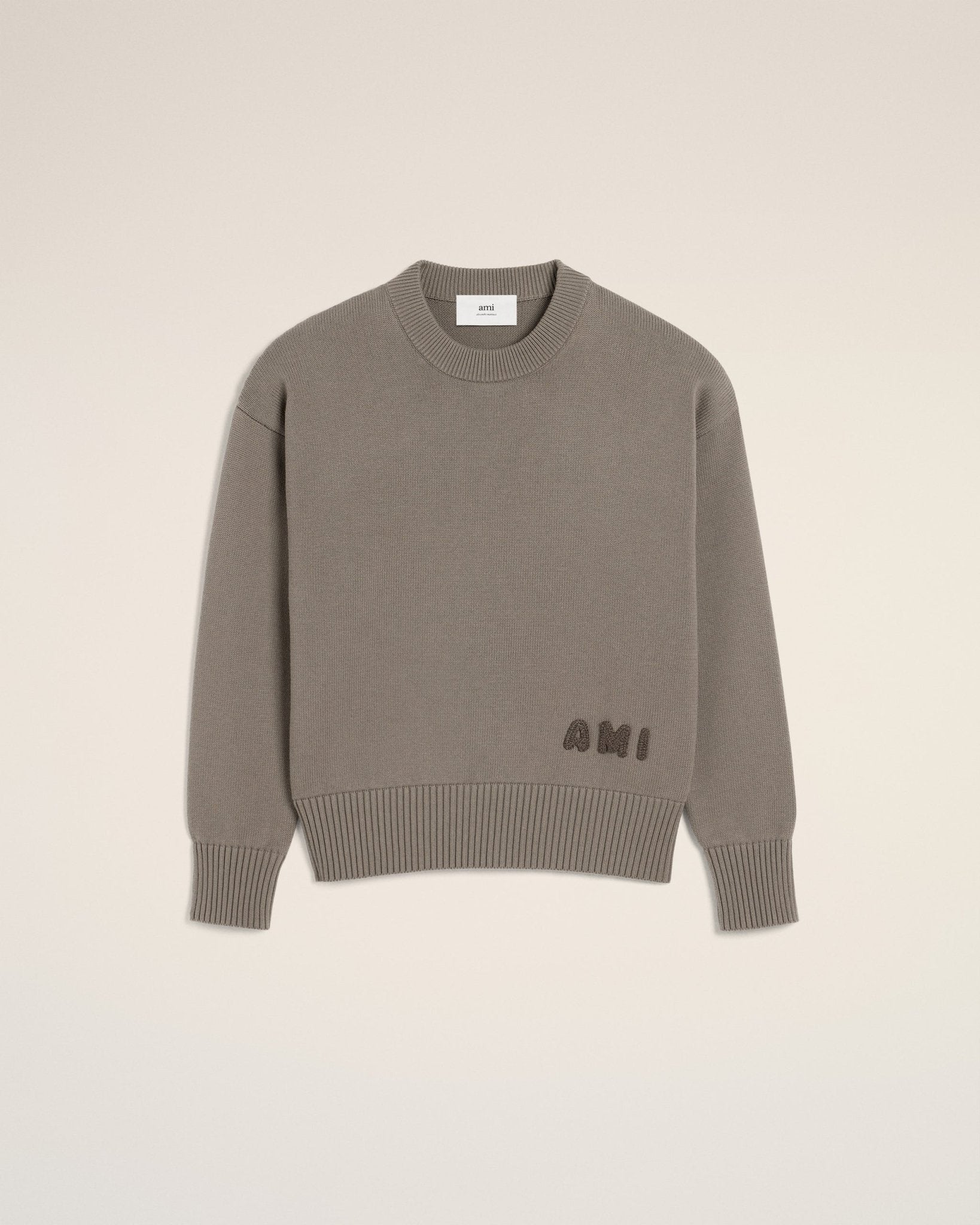 BEIGE COTTON AMI EMBROIDERED CREWNECK SWEATER - B30sneakers