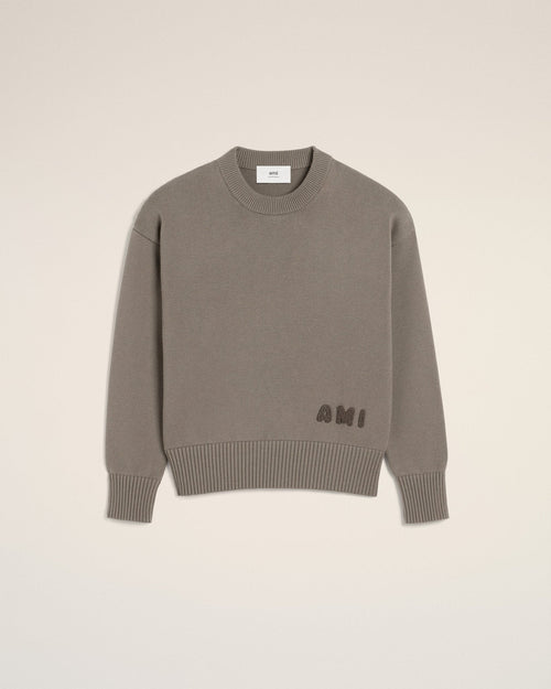 BEIGE COTTON AMI EMBROIDERED CREWNECK SWEATER - B30sneakers