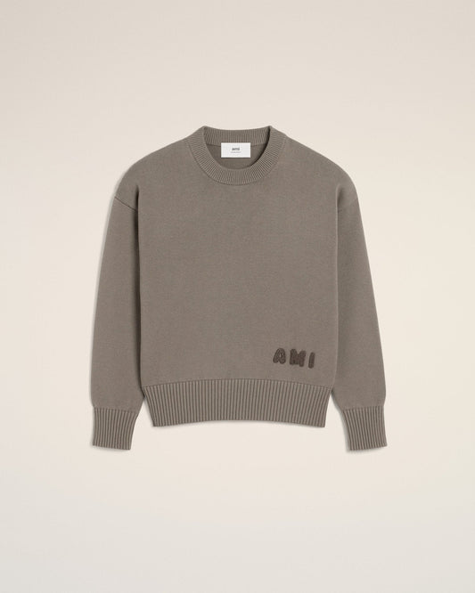 BEIGE COTTON AMI EMBROIDERED CREWNECK SWEATER - B30sneakers