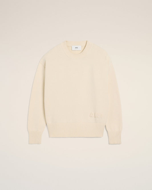 BEIGE COTTON AMI EMBROIDERED CREWNECK SWEATER - B30sneakers