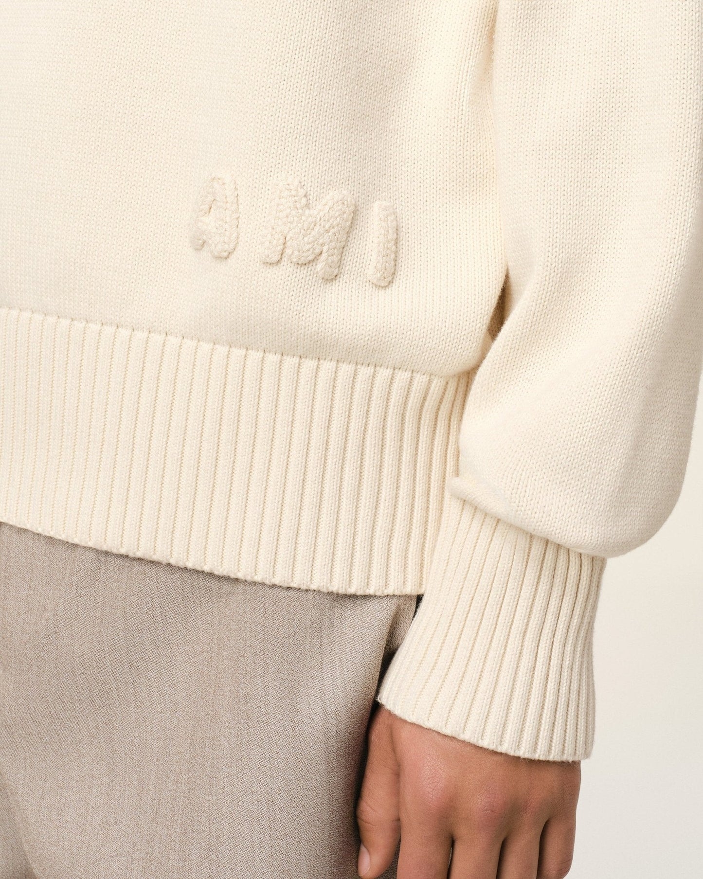 BEIGE COTTON AMI EMBROIDERED CREWNECK SWEATER - B30sneakers