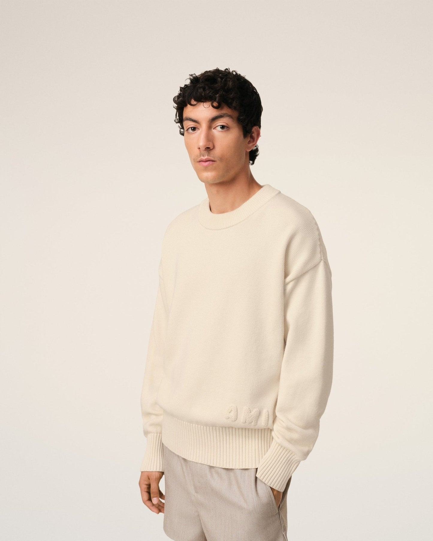 BEIGE COTTON AMI EMBROIDERED CREWNECK SWEATER - B30sneakers