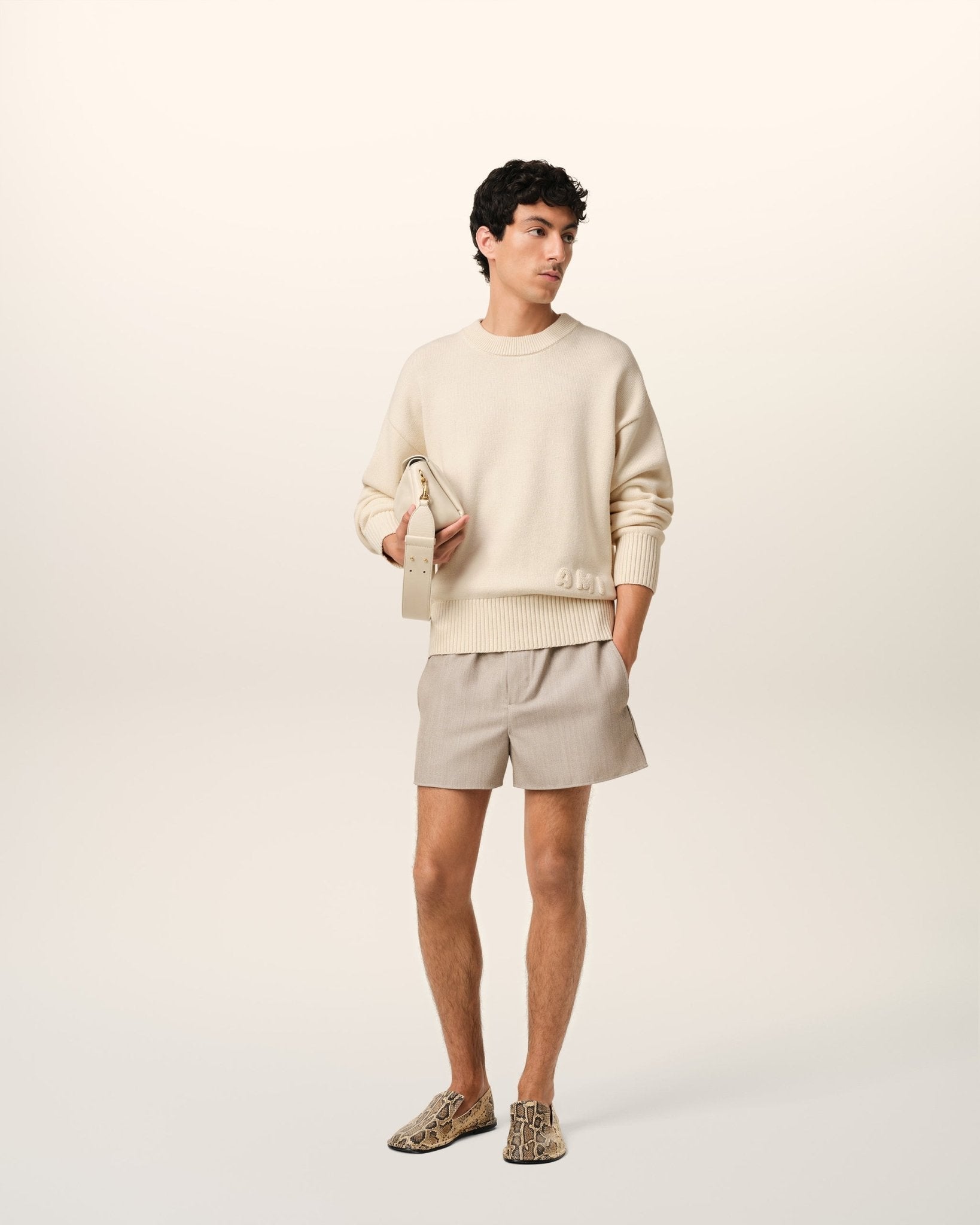 BEIGE COTTON AMI EMBROIDERED CREWNECK SWEATER - B30sneakers