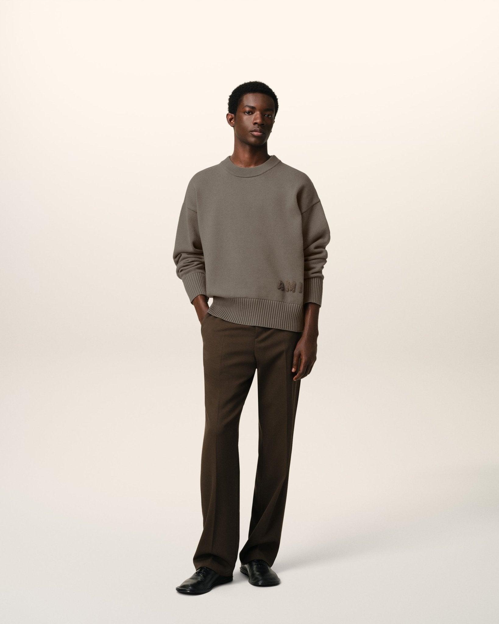BEIGE COTTON AMI EMBROIDERED CREWNECK SWEATER - B30sneakers
