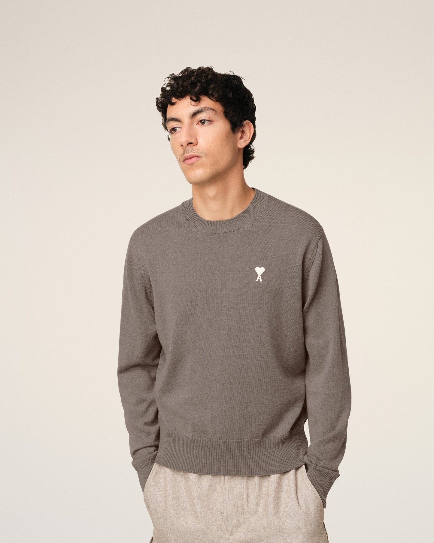BEIGE WOOL AMI CREW NECK SWEATER - B30sneakers
