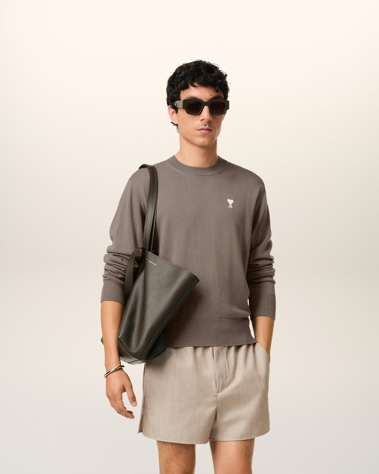 BEIGE WOOL AMI CREW NECK SWEATER - B30sneakers