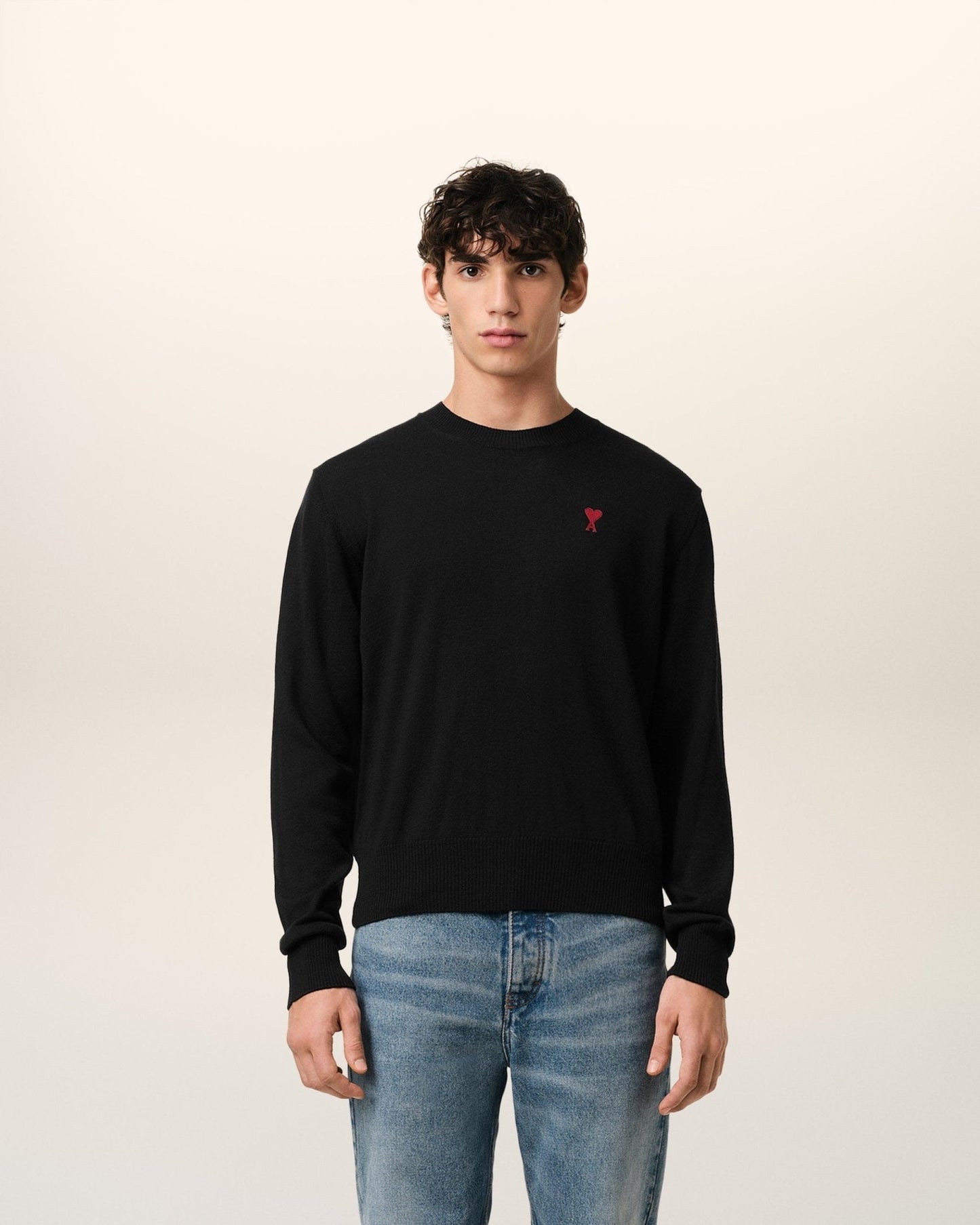 BLACK WOOL AMI CREW NECK SWEATER - B30sneakers