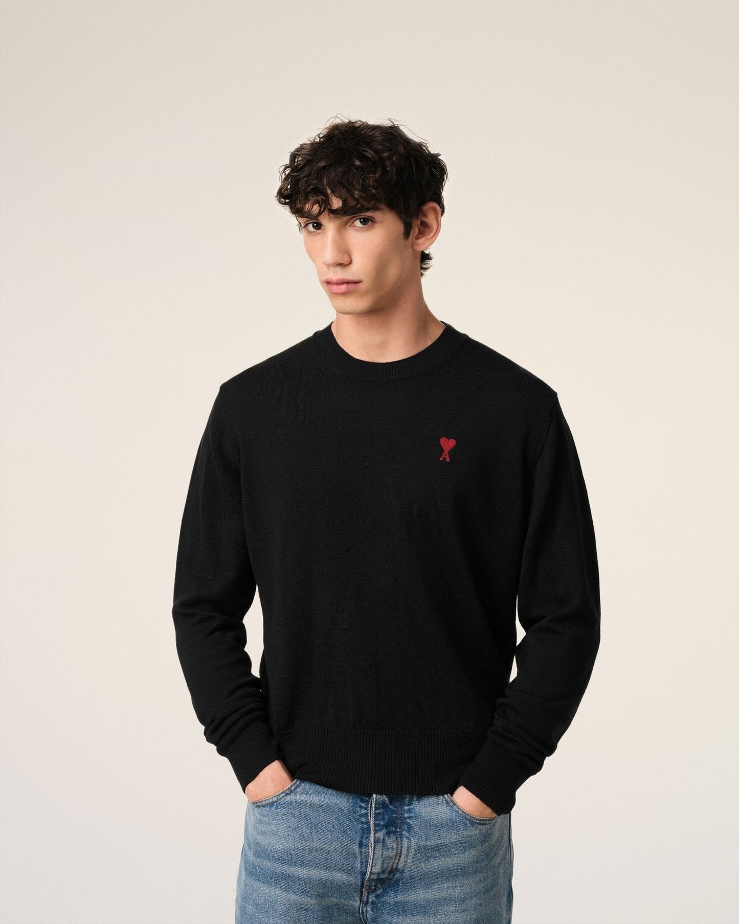 BLACK WOOL AMI CREW NECK SWEATER - B30sneakers