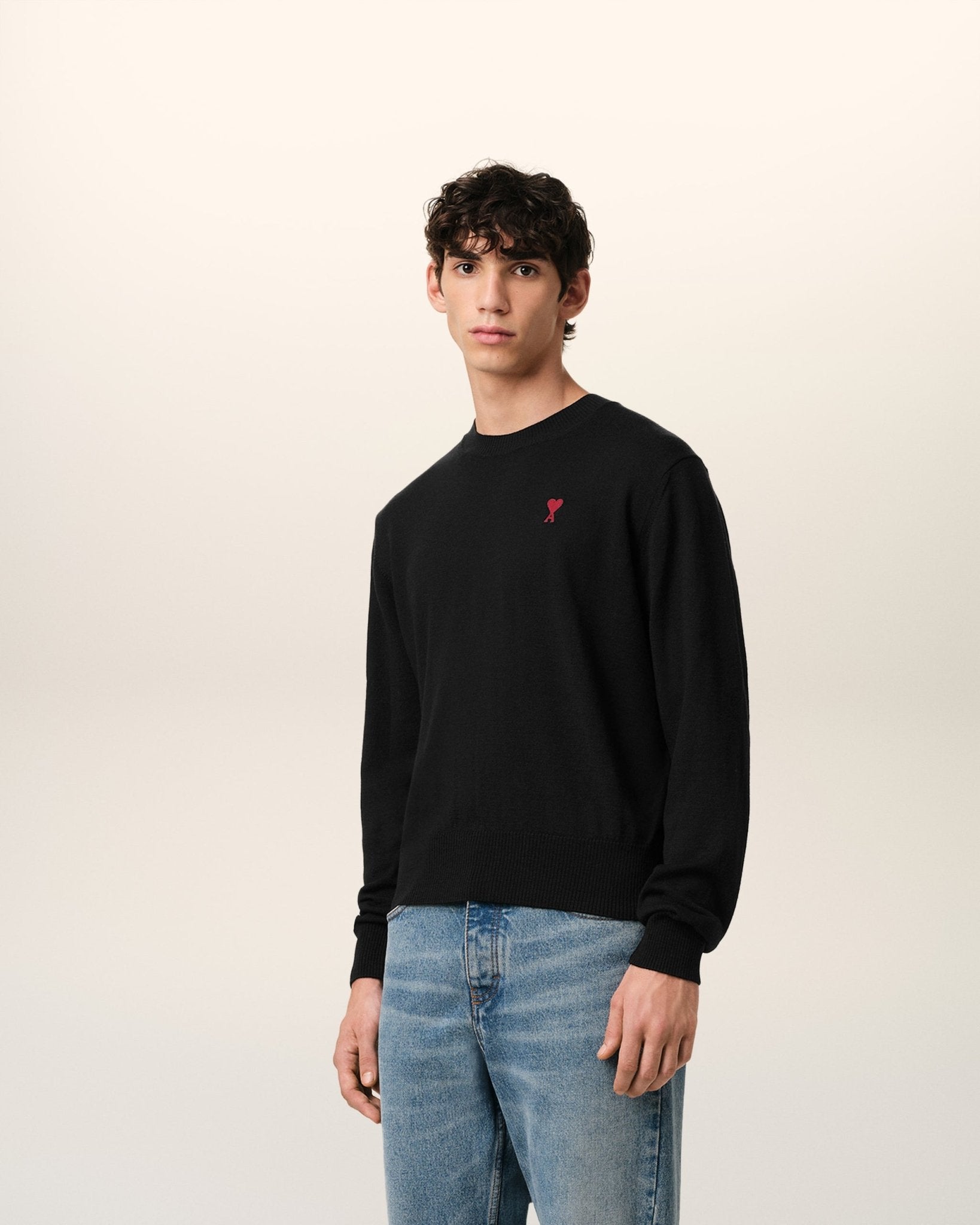 BLACK WOOL AMI CREW NECK SWEATER - B30sneakers