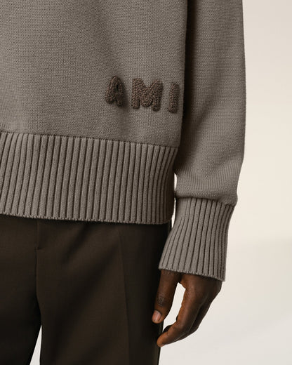 BEIGE COTTON AMI EMBROIDERED CREWNECK SWEATER - B30sneakers