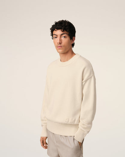 BEIGE COTTON AMI EMBROIDERED CREWNECK SWEATER - B30sneakers