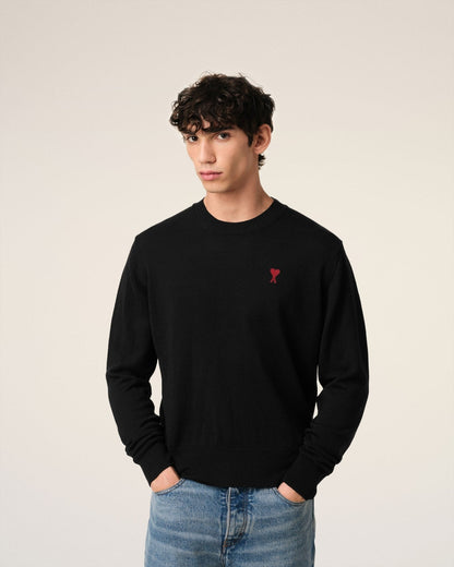 BLACK WOOL AMI CREW NECK SWEATER - B30sneakers