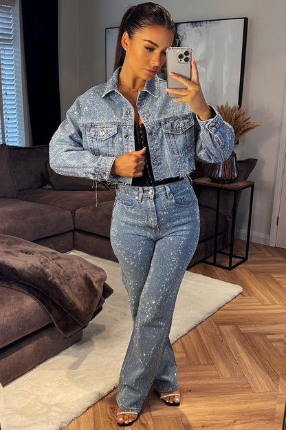 Diamante Rhinestone Jeans Relaxed Oversize Denim Blue - B30sneakers