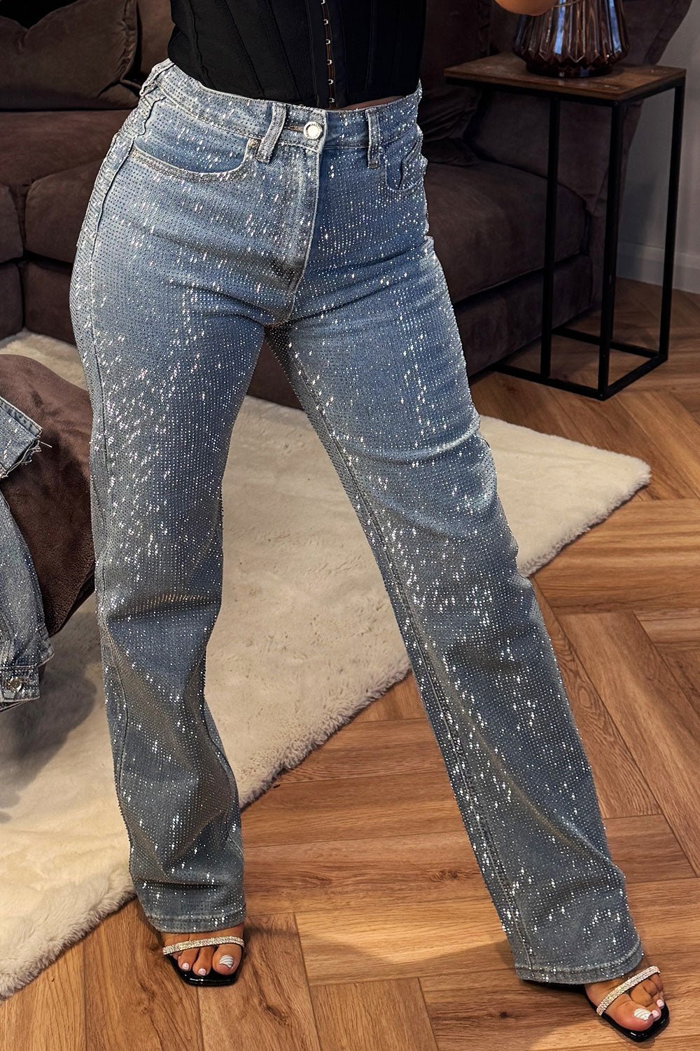Diamante Rhinestone Jeans Relaxed Oversize Denim Blue - B30sneakers